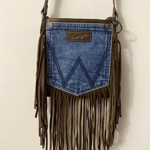 Wrangler Denim and Brown Fringe Crossbody Bag - Picture 2 of 5